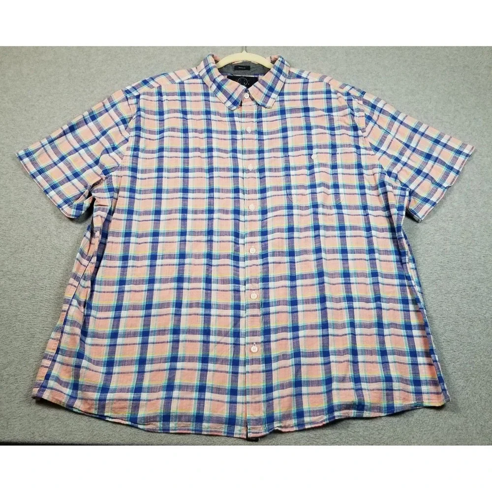 Even Tide Button Up Shirt Mens 2XL XXL Pink Blue Plaid Short Sleeve Work Casual